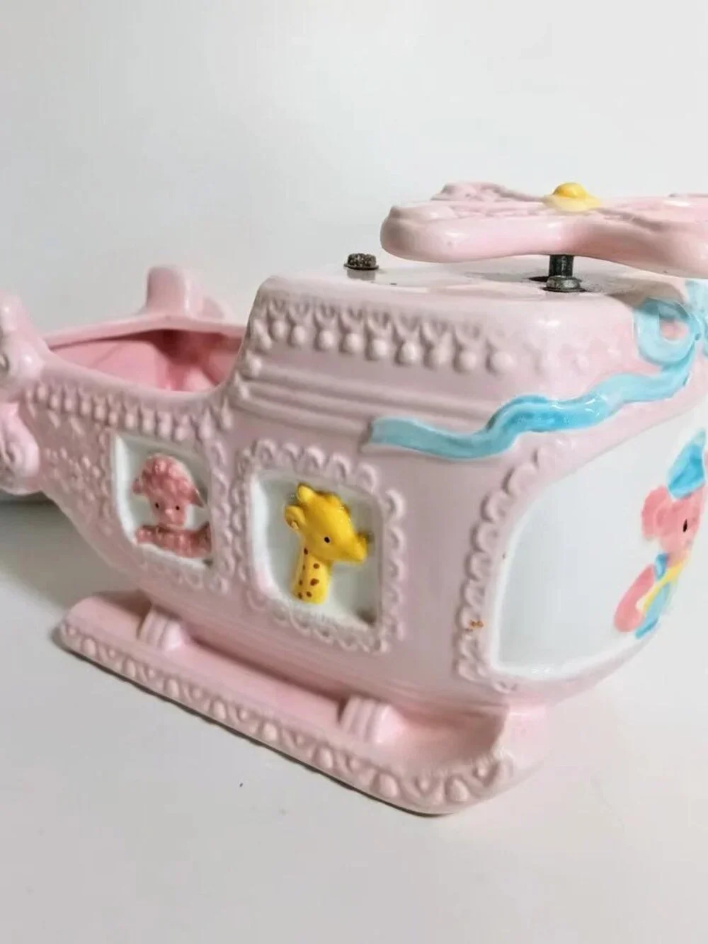 Vintage Pink Ceramic Napco Ware Helicopter Animal Planter Music Box Baby Nursery - Picture 4 of 8